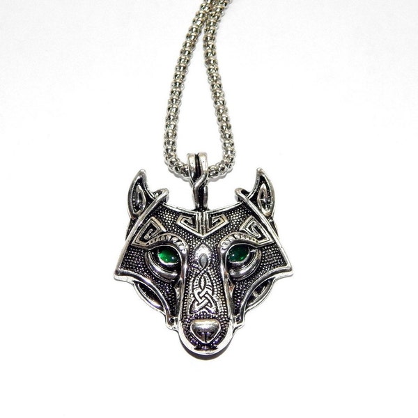 Viking celtique Loup pendentif collier bijoux, Loup totem, Loup esprit, Loup vert Loup