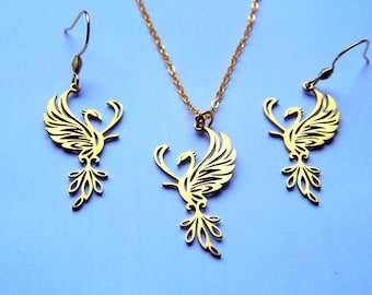 Phoenix earrings Pendant Necklace: Fire Bird Jewelry, Elemental Totem