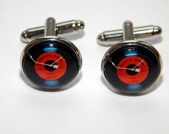 Vinyl record cufflinks, Vinyl record jewelry, wedding cufflinks, Vinyl record logo icon patch, retro cufflinks