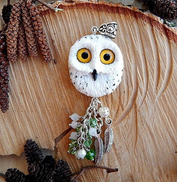 White owl pendant barn owl pendant handmade owl of clay owl totem