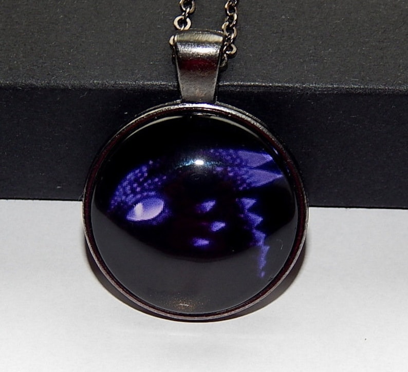 May include: A silver necklace with a round glass pendant featuring a purple dragon silhouette on a black background.