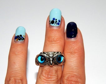 Blue eyes Owl Ring Silver Color, Cute Little Owl Ring, Vintage Rings