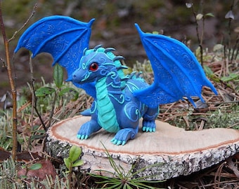 Blue dragon figure sculpture, Blue dragon handmade of clay, fantasy animal figurine, mythical creatures