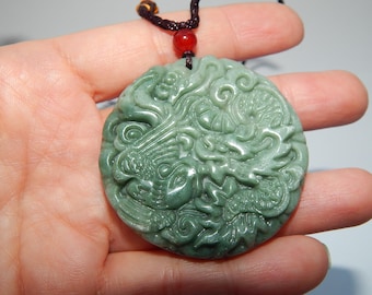 Natural green jade hand-carved of dragon phoenix Pendant necklace 49*49MMMM