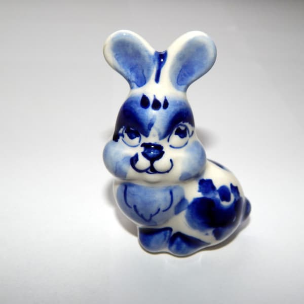 Ceramic Rabbit Figurine, Rabbit sculpture home decor, Gzhel figurine Rabbit 5cm porcelain, Miniatures Rabbit, Blue-white