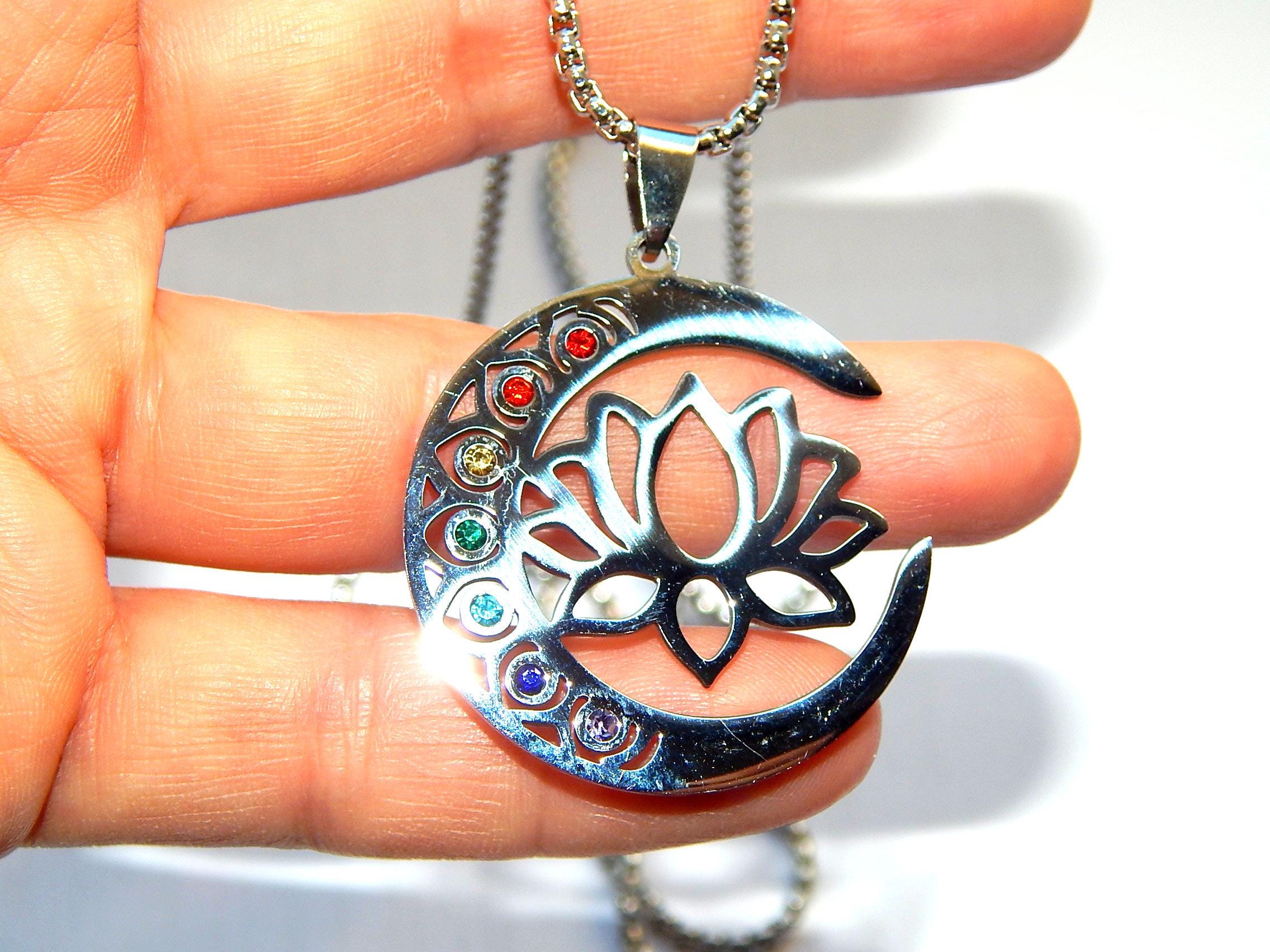 Enjoylifecreative Collar De Cristal De 7 Chakras Para Mujer, Plata De Ley 925, Triple Luna, Diosa, Loto, Hamsa, Colgante De Mano, Cadena De Chakra, Joya Espiritual, Regalo Para Mujeres Y Niñas, 20.5mm
