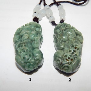 Coppia ciondolo in giada giadeite grigio chiaro naturale fortunato Pi Xiu, gioielli con collana drago con ciondolo intagliato a mano in giada naturale, moneta Dragon PiXiu