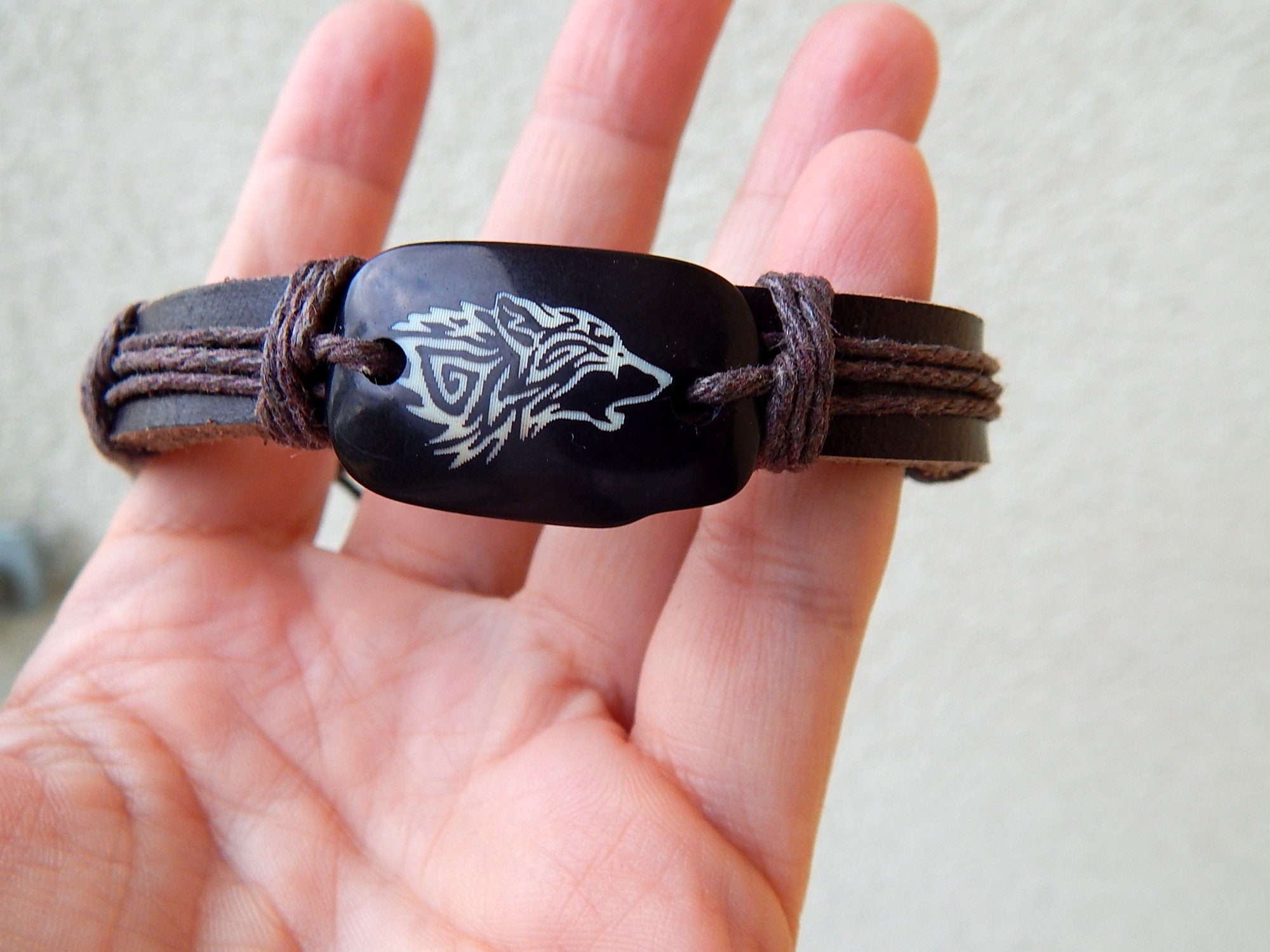 VIKING WOLF BRAIDED LEATHER BOLO, leather and pewter