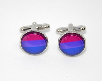 Bisexual Pride cufflinks tie clip lapel pin earrings jewelry, Bisexual symbol, Bisexual Pride flag cuff links, blue purple pink cufflinks