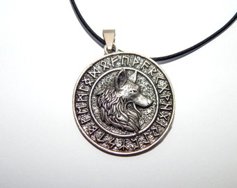 Viking Wolf Pendant Necklace with Runes