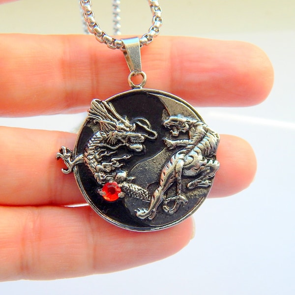 Collier Pendentif Dragon et Tigre, Yin Yang Dragons Tigre