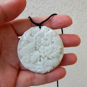 Natural white jade hand-carved of dragon phoenix Pendant necklace 49*49MMMM