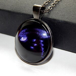 May include: A black necklace with a round glass pendant featuring a purple dragon silhouette. The pendant has a silver metal frame.