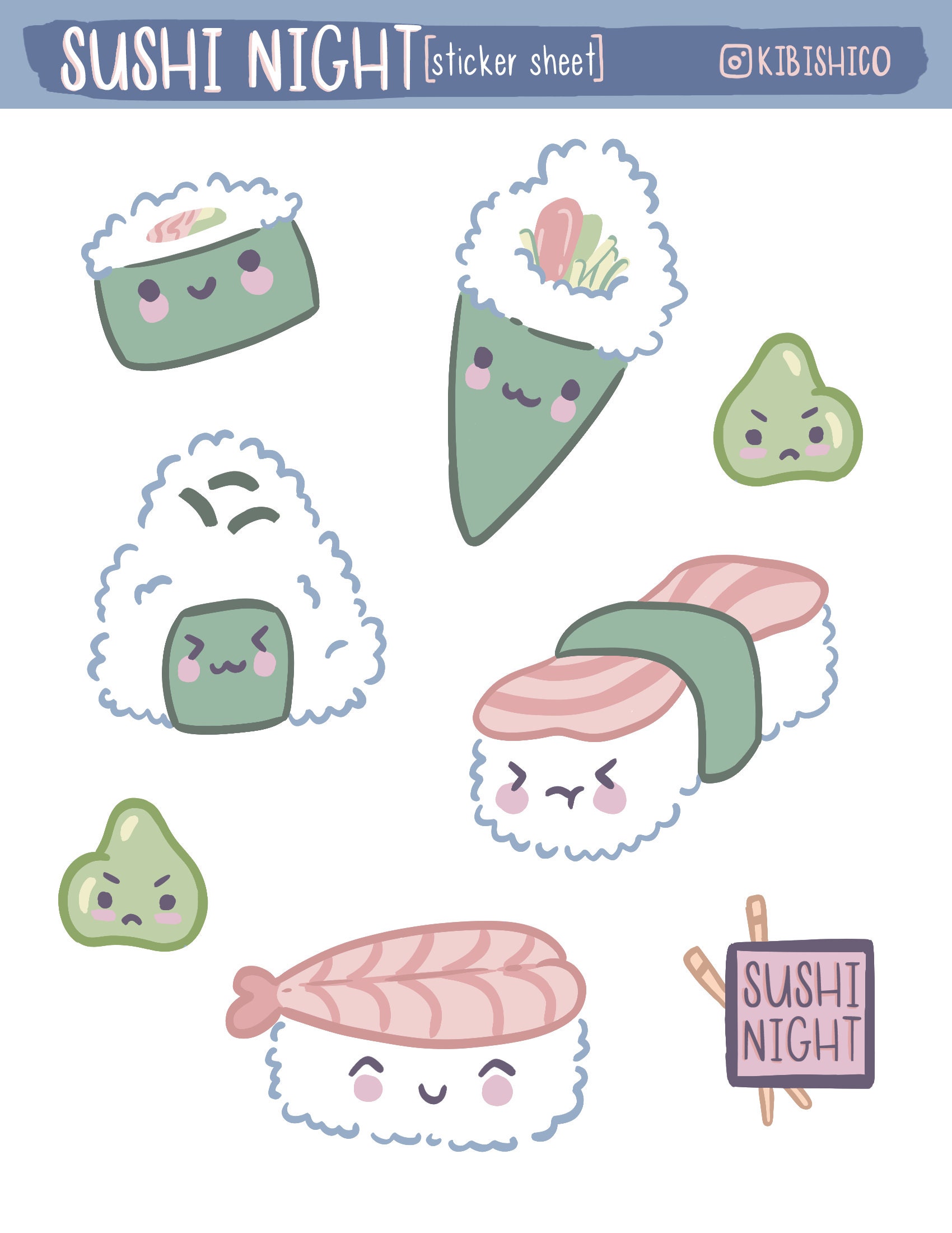 Sushi Night Kawaii Cute Sushi Planner Stickers Bujo Journal Kiss Cut ...