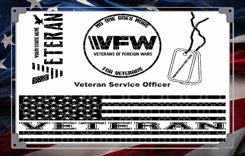 以下が含まれることがあります： 「VETERAN」と「VFW Veterans of Foreign Wars」の文字を含む、黒いテキストとグラフィックが描かれた白い看板。デザインにはアメリカ国旗のモチーフとドッグタグが組み込まれています。「Veteran Service Officer」の文字も表示されています。