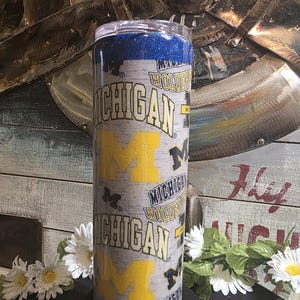 University of Michigan 30 oz fabric Tumbler | Wolverines Go Blue | Glitter Accent Stainless Steel Tumbler | UMich Fan Drinkware