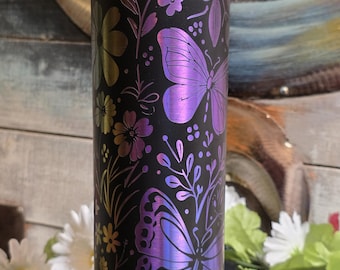 20オンス レインボーホログラフィックバタフライタンブラー | レーザー刻印入りステンレススチール製フローラルトラベルカップ