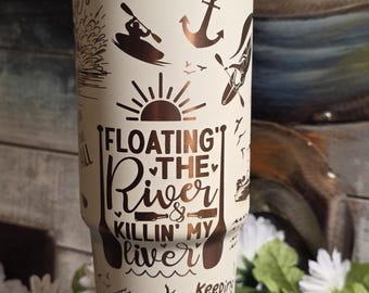 Vaso de 30 oz grabado con láser: Diseño de vida en el lago y flotador de río