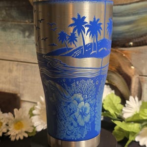 Sea Turtle Ocean Tumbler - 30 oz Blue Stainless Steel Engraved Beach Cup | Tropical Sunset, Coral Reef, and Palm Trees | Island Vibes Gift