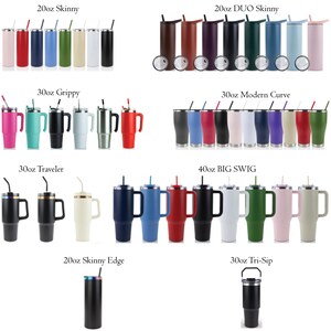 以下が含まれることがあります： 20oz Skinny、20oz DUO Skinny、30oz Grippy、30oz Modern Curve、30oz Traveler、40oz BIG SWIG、20oz Skinny Edge、30oz Tri-Sipなど、さまざまな色とスタイルの断熱タンブラーのコレクション。各タンブラーにはストローと蓋が付いています。