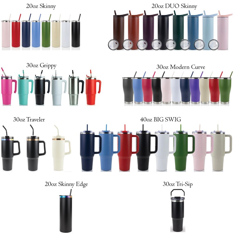 以下が含まれることがあります： 20oz Skinny、20oz DUO Skinny、30oz Grippy、30oz Modern Curve、30oz Traveler、40oz BIG SWIG、20oz Skinny Edge、30oz Tri-Sipなど、さまざまな色とスタイルの断熱タンブラーのコレクション。各タンブラーにはストローと蓋が付いています。