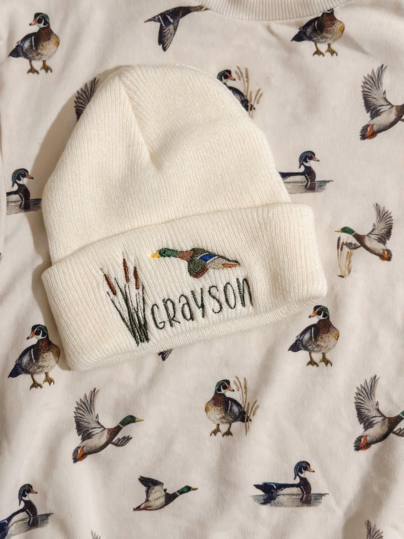 🧸Buy 2 Free Shipping🧸Custom Mallard Baby Hat - Embroidered Name Hat - Toddler Duck Hunting Hat - Duck Hunting Beanie - Baby Hunting Hat - Baby Name Hat- 1-2 yrs