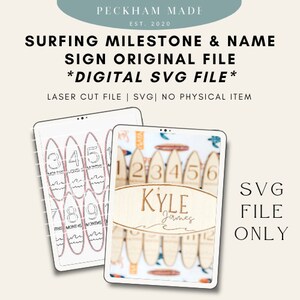 Original Surf Board Monatliche Meilenstein SVG-Datei - Surfende Kinderzimmer Digitale Datei - Surfende Namensschild-Datei - SVG-Datei - Surfende Baby Laser-Datei