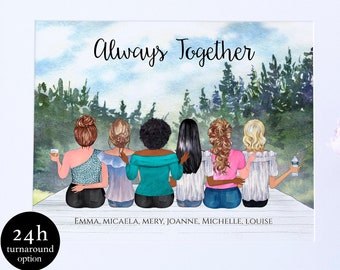 Friendship Gift, Custom Friend Group Illustration, Besties Personalized Gift, Forest Friends Gift, Friends Print, Custom Friendship Print