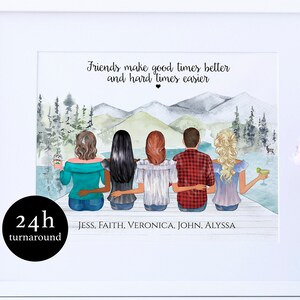 Ilustración personalizada de amigos, Besties Regalo personalizado, Regalo de amigos de montañas, Amistad personalizada Imprimible Impresión personalizada de Mountain Lake