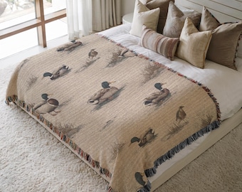 Mallard Duck Woven Blanket, Rustic Cabin Decor Throw, Duck Hunting Gift For Him, Cozy Lodge Wildlife Blanket For Outdoorsman Or Dad