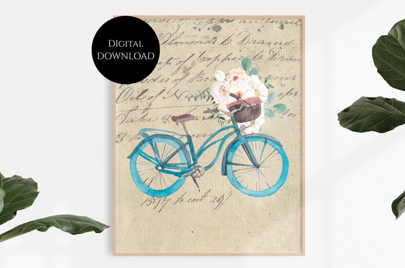 Vintage bicycle digital download wall art Vintage printable bike riders illustration bicycle printable illustration Blue Bike Printable