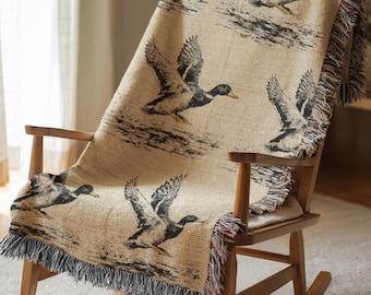 Woven Mallard Duck Cabin Blanket, Rustic Lodge Throw For Hunters, Cozy Wildlife Decor Gift For Him, Outdoorsman Man Cave Blanket For Dad