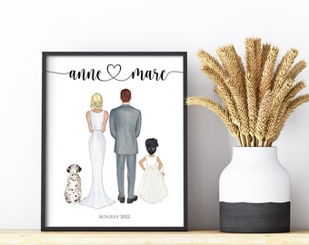Custom Wedding Family Print, Family Wedding Print, People and Pets Digital Download,  Wedding Favours, Custom Wedding Pet illustration Gift