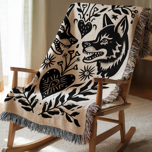 Manta tejida de lobos de la vieja escuela, decoración de tatuajes para el hogar, alfombra tradicional con tatuajes para colgar en la pared, tapiz gótico, manta de regalo para pareja de lobos.