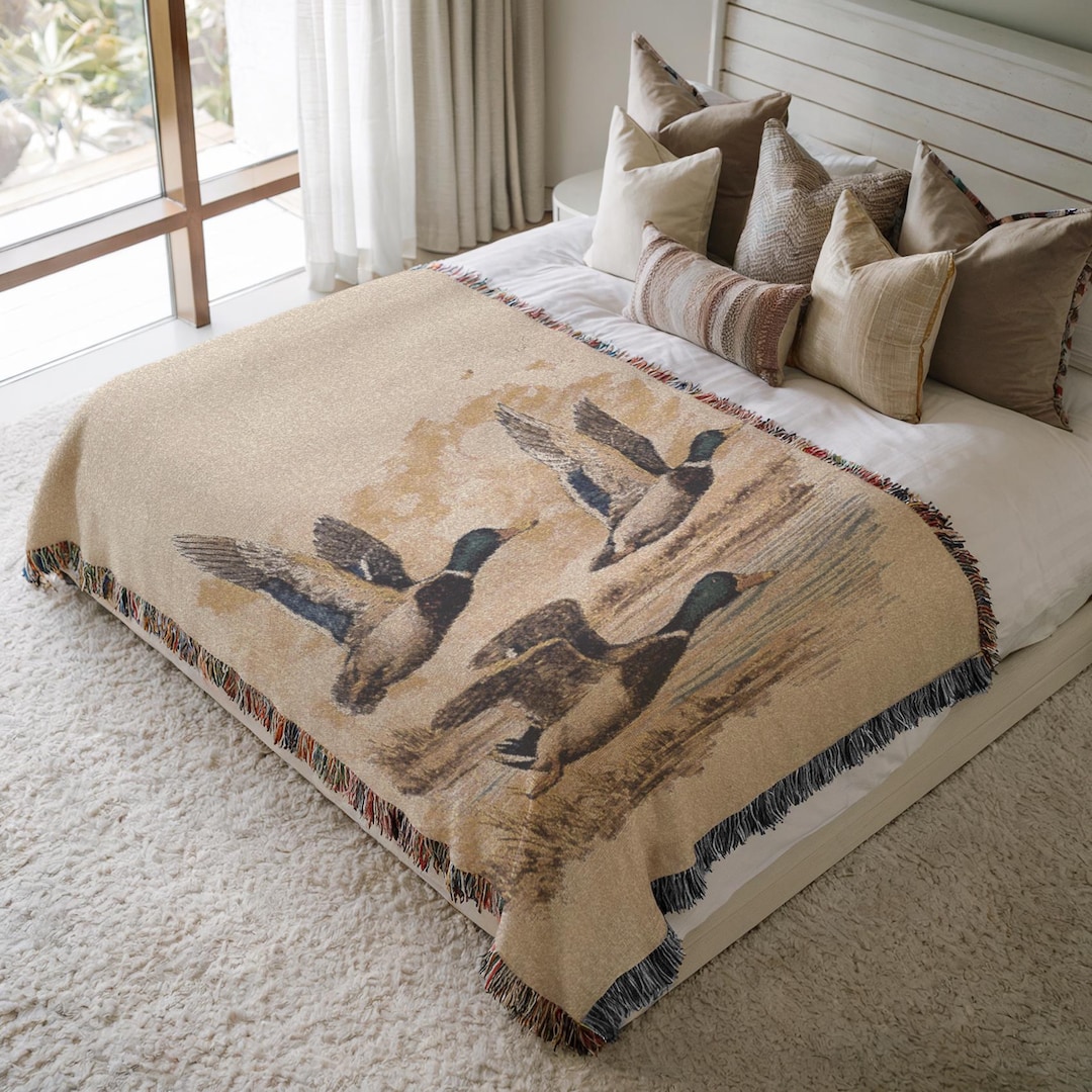 Rustic Mallard Duck Hunting Blanket, Cozy Cabin Woven Throw, Lodge Decor Gift For Outdoorsman, Wildlife Nature Blanket For Dad Or Grandpa