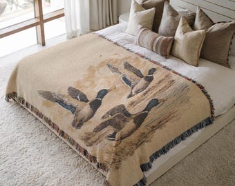 Rustic Mallard Duck Hunting Blanket, Cozy Cabin Woven Throw, Lodge Decor Gift For Outdoorsman, Wildlife Nature Blanket For Dad Or Grandpa