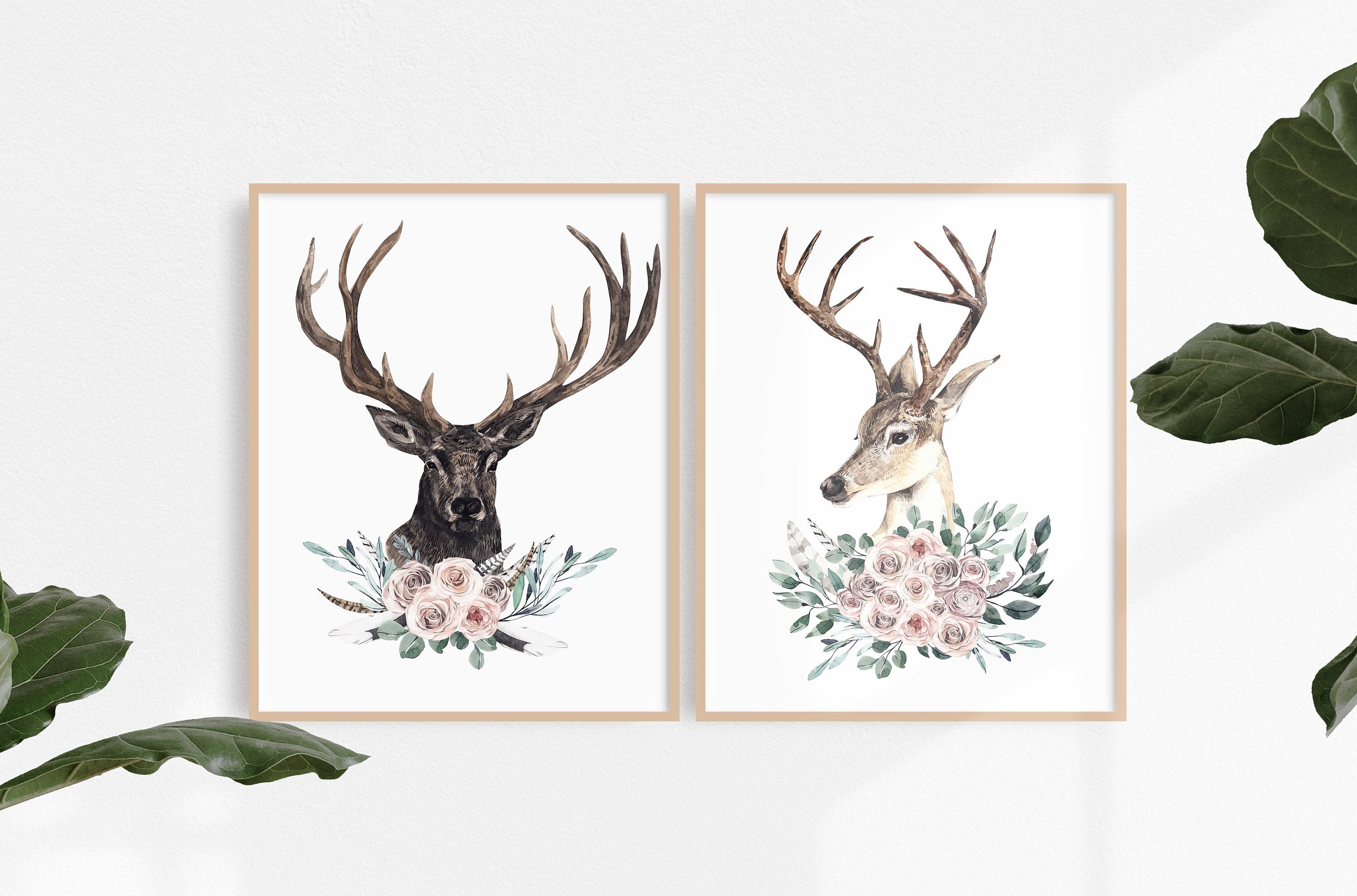 Deer Floral Printable Set. Flowers digital download art print Etsy