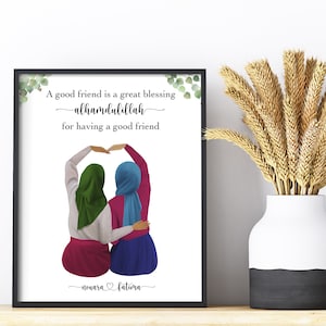 Aangepaste Hijabi Besties Print, Aangepaste Moslim Zusters Illustratie, Bestie Gepersonaliseerde Print, Alhamulillah Gift, Muslimah Digitale Download