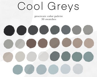 Cool Greys color palette, 30 handpicked swatches for procreate, not boring grey tones, neutral colors, grey shades, grey hues