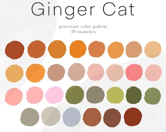 Ginger Cat color palette, 30 procreate color swatches, warm tones,neutral tones, orange hues, happy colors