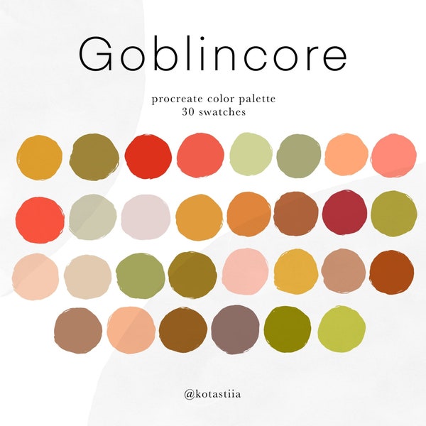 Goblincore, warm color palette for Procreate, 30 swatches for cozy digital art, orange and green hues, warm tones color palette