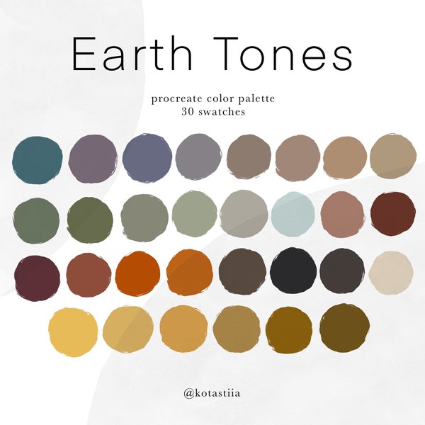 Earth Tones color palette, 30 handpicked swatches for procreate, colors for graphic design and digital art, nature inspired color palette