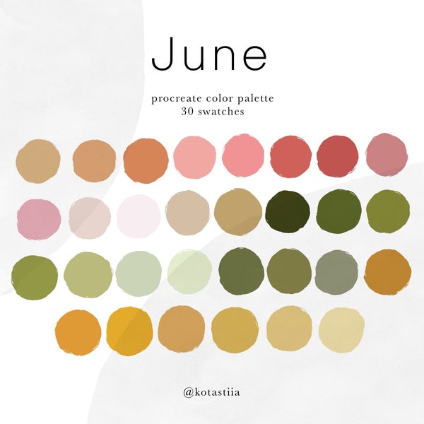 June, digital color palette for Procreate, summer mood, fresh colors, warm tones, happy colors, green and yellow, Ukrainian shop