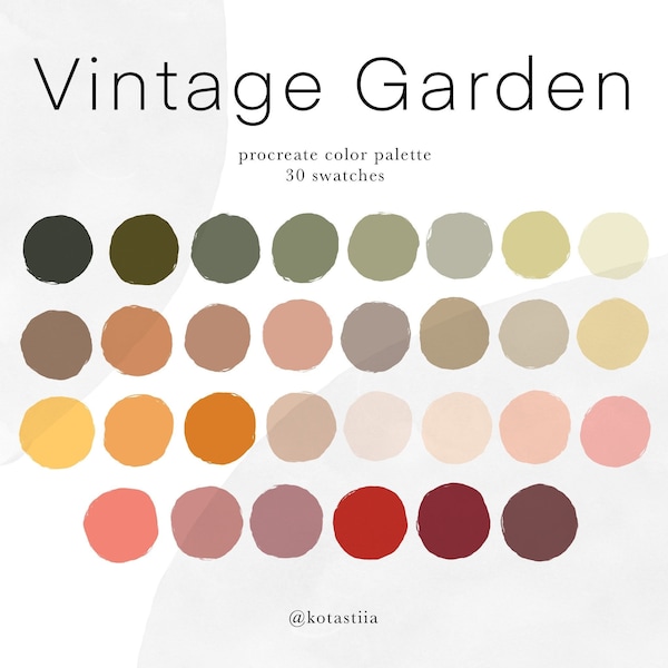 Vintage Garden color palette for Procreate, 30 nature inspired dusty colors for graphic design and digital art, retro colors, neutral tones