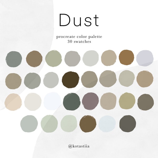 Dust, Farbpalette für Procreate, 30 Farbmuster für Grafikdesign und Digital Art, natürliche Erdtöne, staubige Olive und Beige Palette