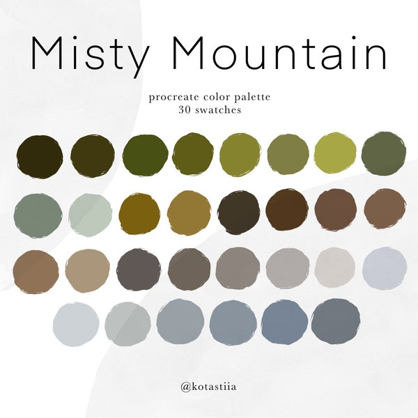 Misty Mountain color palette, procreate color swatches, nature inspired, moody color palette