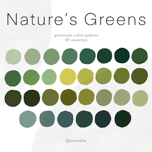 Nature’s Greens color palette, 30 handpicked swatches for Procreate, green palette, natural colors for digital art and graphic design