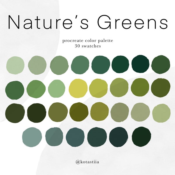 Palette de couleurs Nature's Greens, 30 échantillons triés sur le volet pour Procreate, palette verte, couleurs naturelles pour l'art numérique et la conception graphique