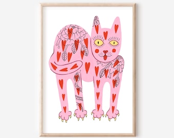 Pink Cat A4-A3 art print, instant download file, colorful illustration, home decor cute art, modern art cat print