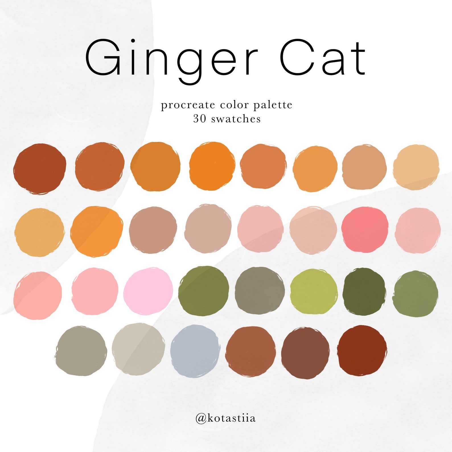 Ginger Cat Color Palette, 30 Procreate Color Swatches, Warm Tones